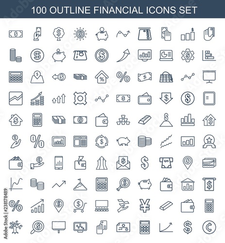 100 financial icons. Trendy financial icons white background. Included outline icons such as coin, Coin, graph, calculator, check, creadit card payment. financial icon for web and mobile.