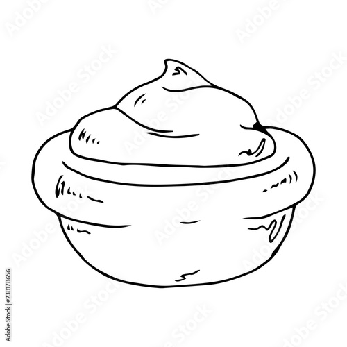 Hand drawn of sauces in bowls. Vector illustration ketchup or mayonnaise or mustard and wasabi in bowls.