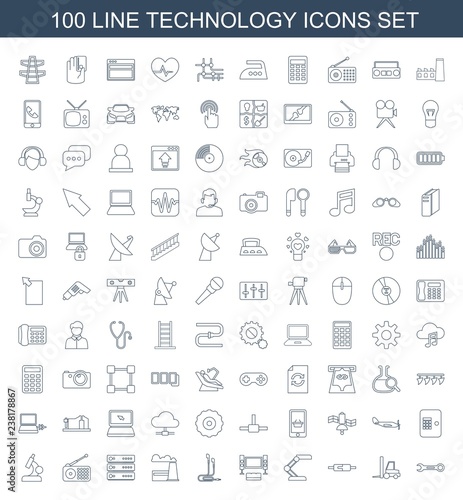 technology icons. Trendy 100 technology icons. Contain icons such as wrench, tractor, plug in power socket, table lamp, TV system, earphones. technology icon for web and mobile.