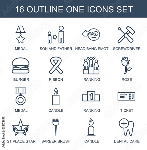 16 one icons. Trendy one icons white background. Included outline icons such as medal, son and father, head bang emot, screwdriver, burger, ribbon. one icon for web and mobile.