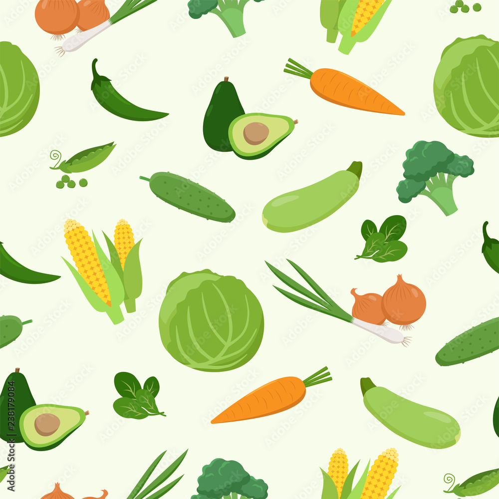 Fresh green various vegetables seamless pattern in flat design. Set of vector vegetables. Cabbage, carrot, corn, avocado, pepper, cucumber, zucchini, peas, broccoli, spinach isolated. Vegetarian food. Fresh green various vegetables seamless pattern in flat design. Set of vector vegetables. Cabbage, carrot, corn, avocado, pepper, cucumber, zucchini, peas, broccoli, spinach isolated. Vegetarian food.