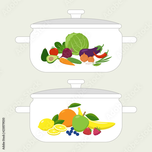 Pan design template, casserole with vegetables and fruits sets on it in flat design. Vector illustration isolated on white background.