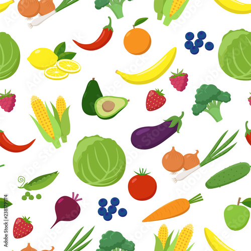 Various fruits and vegetables seamless pattern isolated on white background. Vegetarian fresh food in flat design vector illustration.