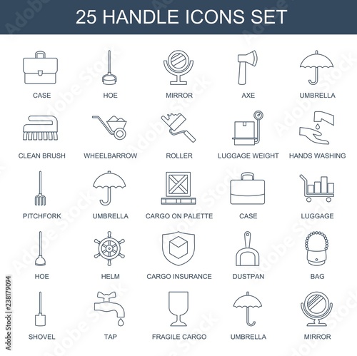 handle icons. Trendy 25 handle icons. Contain icons such as case  hoe  mirror  axe  umbrella  clean brush  wheelbarrow  roller  luggage weight. handle icon for web and mobile.