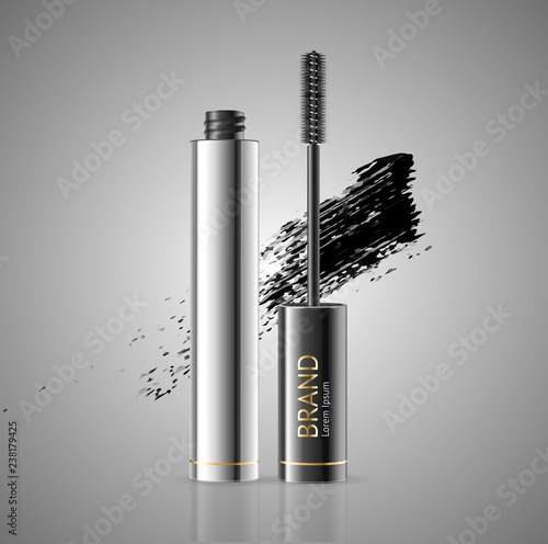 Realistic 3d Detailed Mascara Package with Eyelash Applicator Brush. Vector