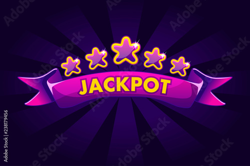 JACKPOT banner background for lottery or casino, slot gambling icons with ribbon and stars