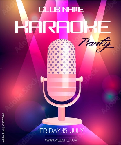 Karaoke party invitation poster design template. Neon glowing flyer with vintage microphone.