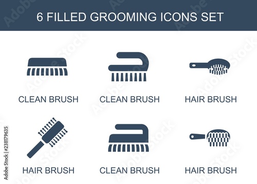 grooming icons. Trendy 6 grooming icons. Contain icons such as clean brush, hair brush. grooming icon for web and mobile.