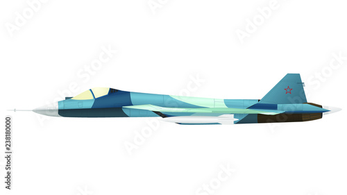 The new Russian stealthy five generation's Fighter Jet Sukhoi SU 57 (T-50). Isolated full detailed vector's object. Side view.