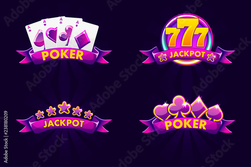 Purple jackpot and POKER emblem. Icons for lottery or casino, slot icon with ribbon and 777. Vector Isolated four emblem