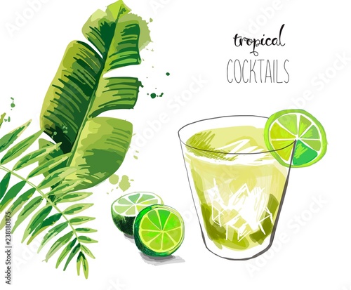 Cocktail. Summer tropical cocktail background with palm leaves.
