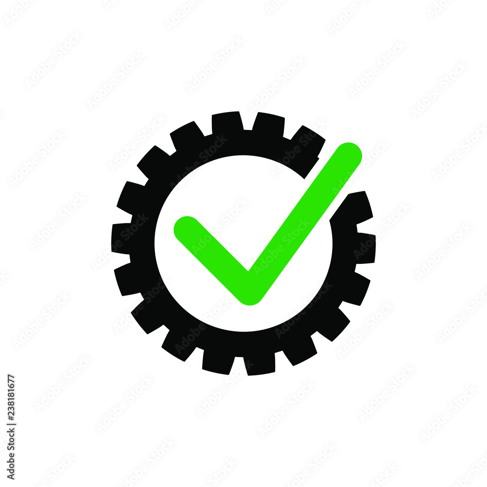 Cog check icon. Check mark in gear Cog check icon. Check mark in gear