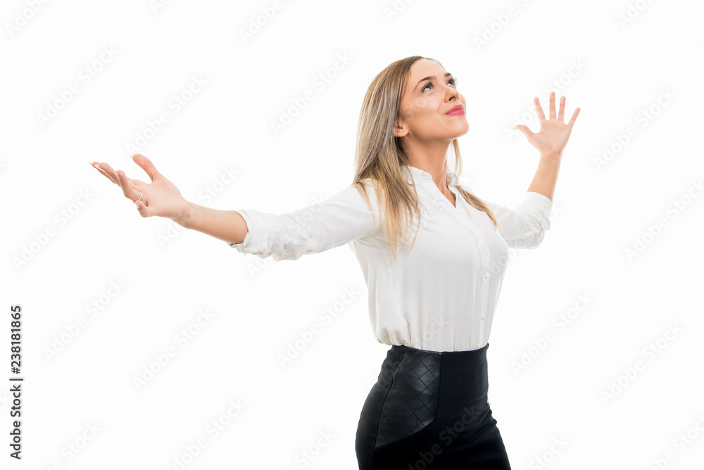 Young pretty business woman standing with arms spread Young pretty business woman standing with arms spread