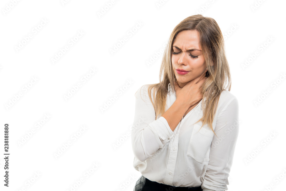 Portrait of beautiful business woman gesturing throat pain Portrait of beautiful business woman gesturing throat pain