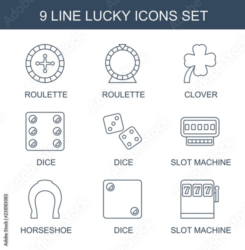 lucky icons. Trendy 9 lucky icons. Contain icons such as Roulette, clover, Dice, dice, Slot machine, horseshoe. lucky icon for web and mobile.