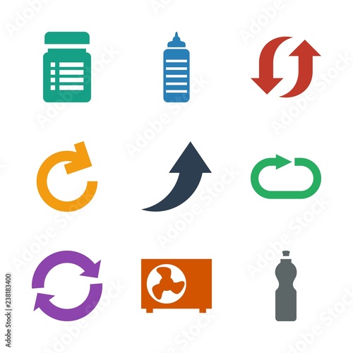 refresh icons. Trendy 9 refresh icons. Contain icons such as fitness bottle, air conditioner, reload, reload replay, arrow, update, bottle for fitness. refresh icon for web and mobile.