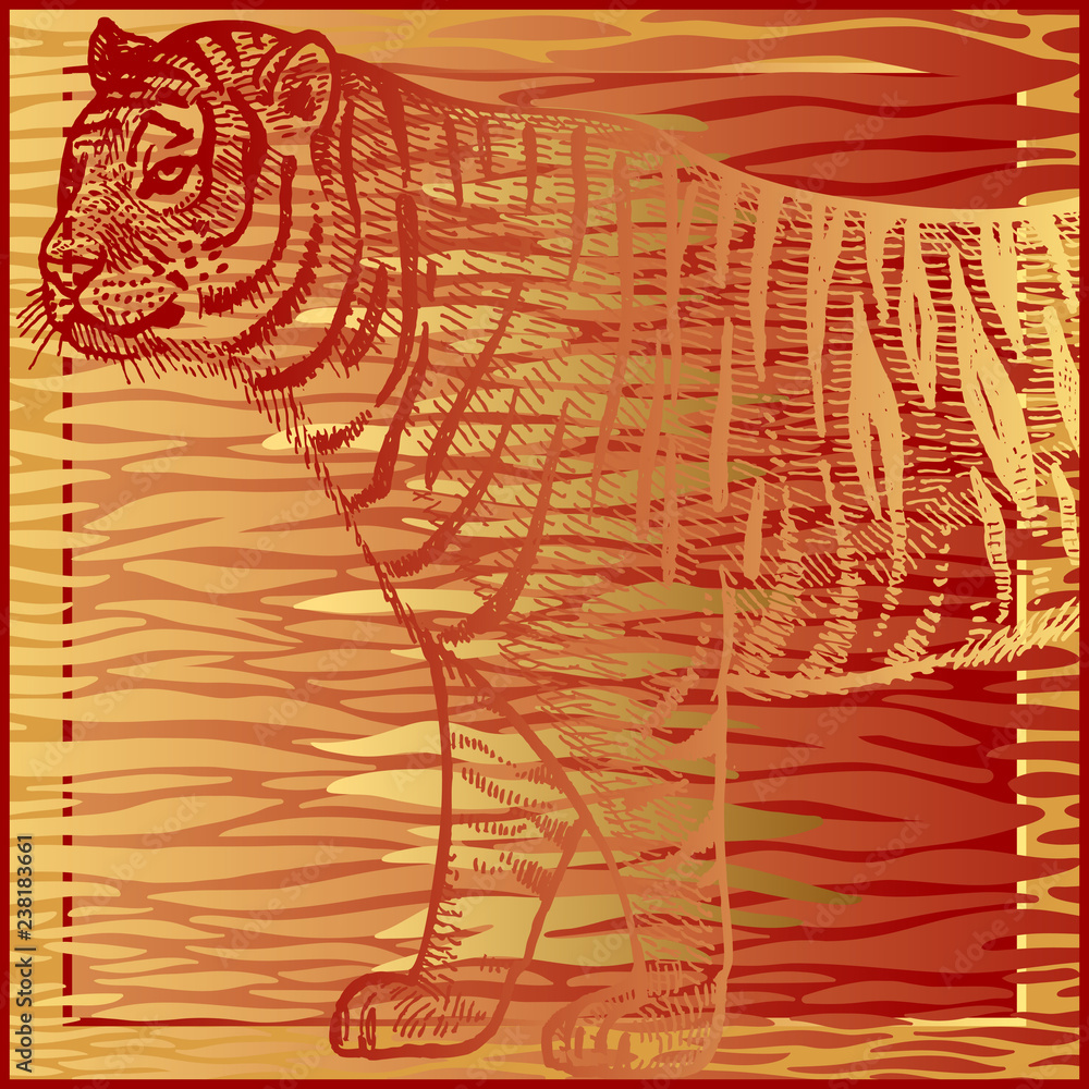 Print with Tiger fur stripes and tiger close-up.