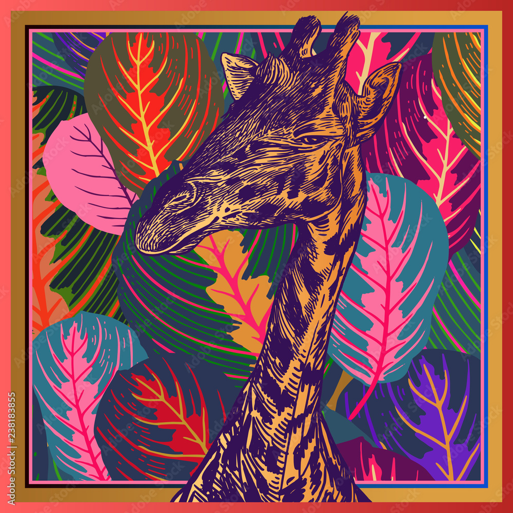 Fototapeta premium Leaves tropical tree and Head of African animal giraffe close-up. Luxury floral print