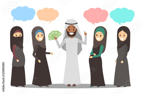 Polygamy arabic family. Girl in hijab. Man with many wifes