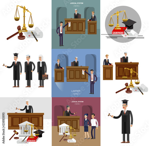 Law horizontal banner set with judical system elements isolated vector illustration photo