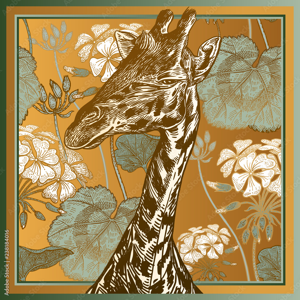 Fototapeta premium Animal print. Head African giraffe close-up and geranium flowers and leaves.