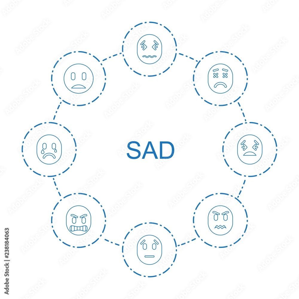 8 sad icons. Trendy sad icons white background. Included line icons such as upset emot, sad emot, sad smiley, angry, crying emot. sad icon for web and mobile. 8 sad icons. Trendy sad icons white background. Included line icons such as upset emot, sad emot, sad smiley, angry, crying emot. sad icon for web and mobile.