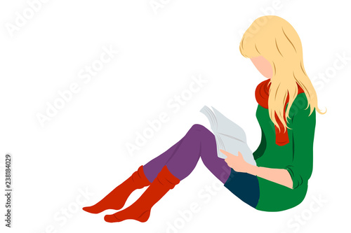 Blonde hair girl, lady reading a book flat style illustration for education, books shop, magazine promo, fashion poster, banner, library logo, icon, bibliophile post card. Isolated without background