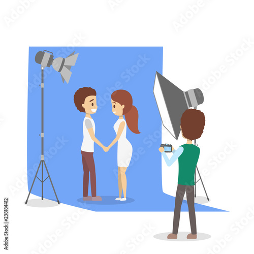 Beautiful woman and man couple making photoshoot