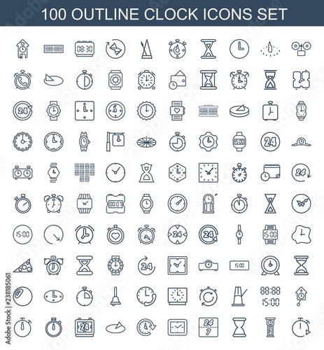 100 clock icons. Trendy clock icons white background. Included outline icons such as stopwatch, pendulum, hourglass, hour, time, sundial, digital time. clock icon for web and mobile.