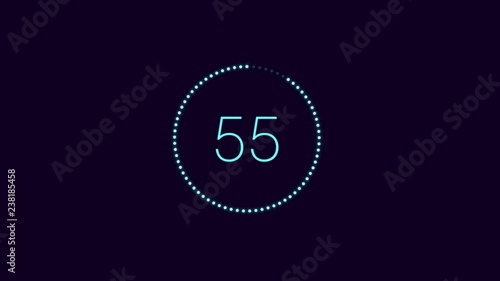 Minimalistic glow  blue countdown one minute animation from 60 to 0 seconds. 4K. Alpha channel. Flat design with animation on white background.