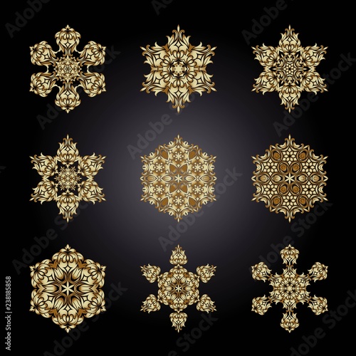 Set golden ornament element in the form of a mandala, vector illustration on dark background