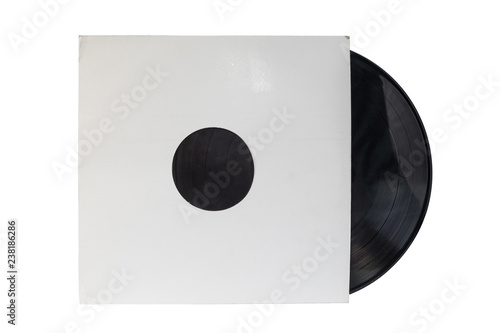 12-inch 33 1/3 rpm LP vinyl record in a old white paper case. Isolated on white background. photo