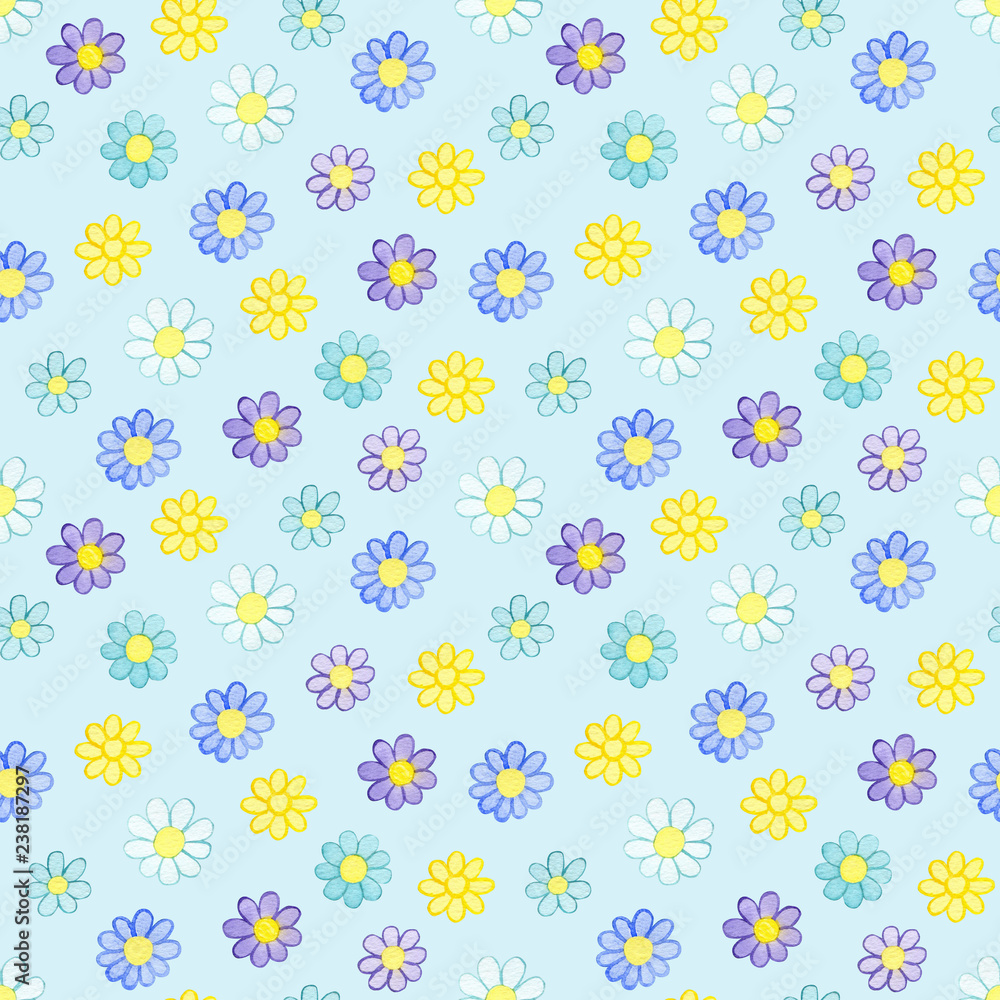 Seamless pattern with watercolor hand drawn yellow, violet and blue flowers on light blue background. Background can be easily change for another color Seamless pattern with watercolor hand drawn yellow, violet and blue flowers on light blue background. Background can be easily change for another color