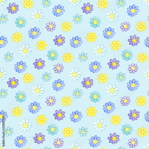 Seamless pattern with watercolor hand drawn yellow, violet and blue flowers on light blue background. Background can be easily change for another color