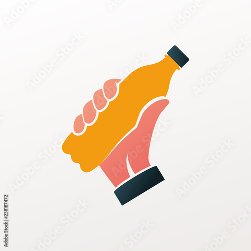Bottle orange holding in hand. Refreshing drink. Vector illustration flat design. Isolated on white background. Plastic tarre. Template of orange apricot juice.
