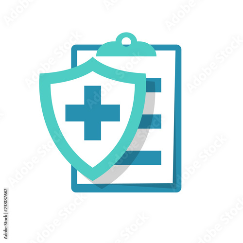Medical insurance icon. Patient protection. Medical report sign. Clipboard and shield with a cross as a symbol insurance. Vector illustration flat design. Isolated on white background.