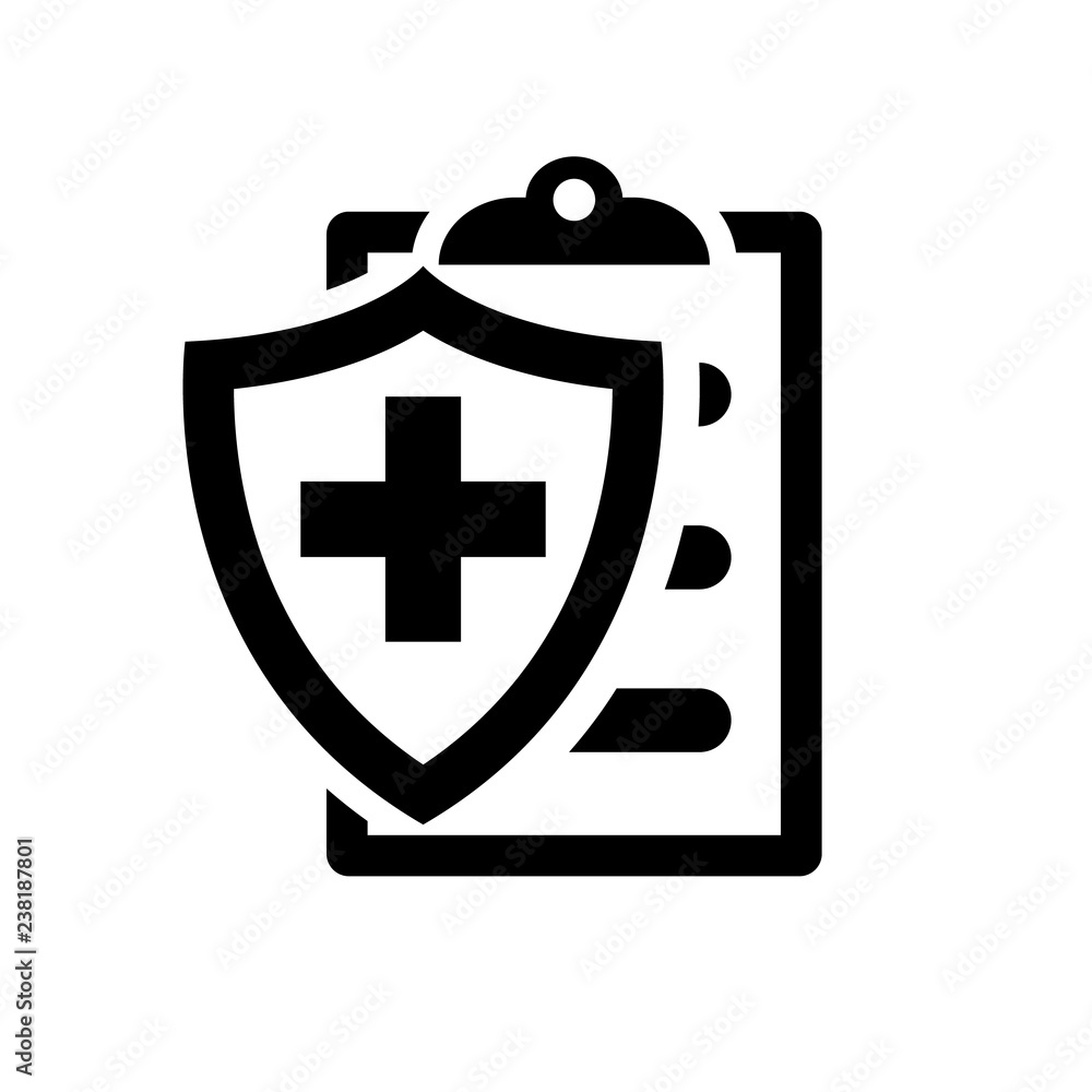 Obraz premium Medical insurance black silhouette icon. Patient protection. Medical report sign. Clipboard and shield with a cross as a symbol insurance. Vector illustration flat design. Isolated on white background
