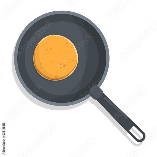 Pan with a pancake on it. Cooking tasty breakfast