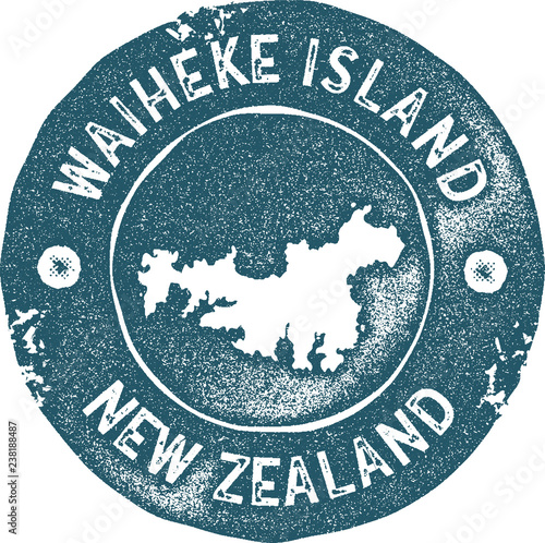 Waiheke Island map vintage stamp. Retro style handmade label, badge or element for travel souvenirs. Blue rubber stamp with island map silhouette. Vector illustration.