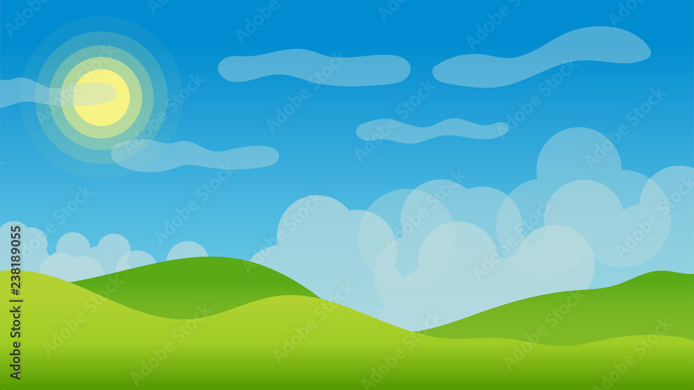 Fototapeta premium Landscape with hills, clouds and sky. Scenery vector illustration.