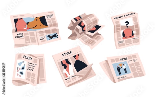 Collection of newspapers isolated on white background. Bundle of periodical publications of various articles - news, food, business. Colorful vector illustration in modern flat cartoon style.