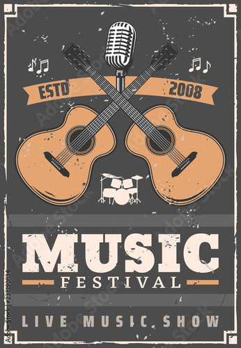 Music festival guitars, drum and microphone