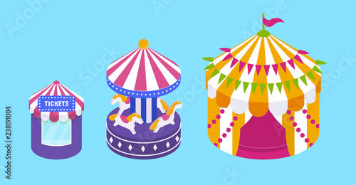 Children's gaming rides, roundabout carousel, circus tent. Exterior of buildings.