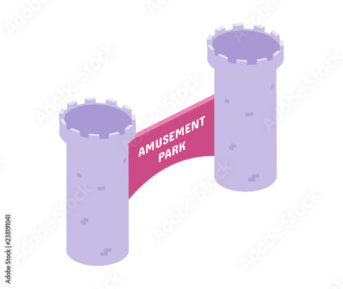 Towers with sign, entrance to children amusement park, urban landscape.
