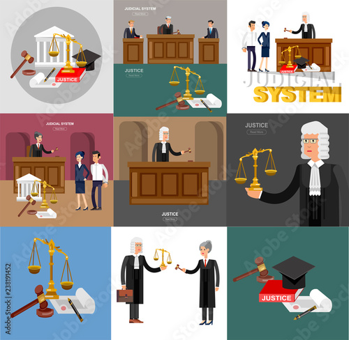 Law horizontal banner set with judical system elements isolated vector illustration