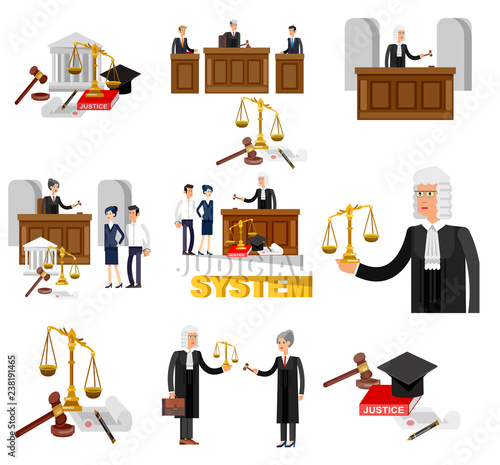 Law horizontal banner set with judical system elements isolated vector illustration