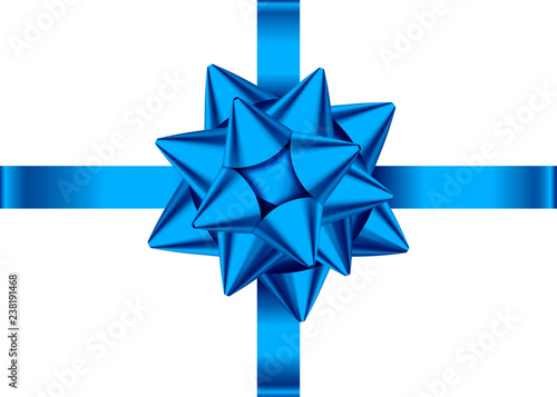 Blue satin gift ribbon and bow isolated on white background.