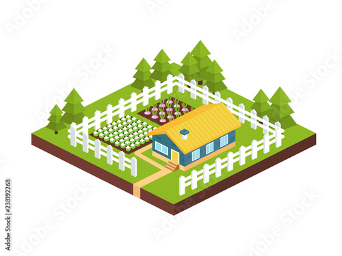 Building, country garden house with farm plot surrounded by fence.
