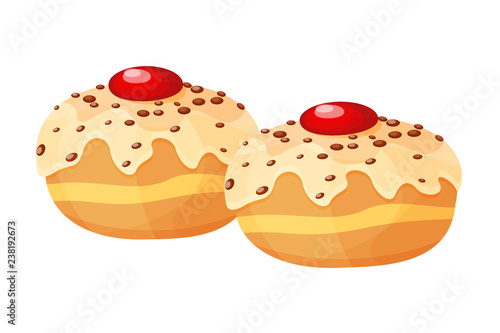 Traditional Jewish holiday Hanukkah. Food, sweets donuts with jam - Sufganiyot.