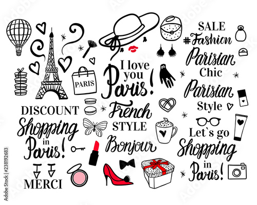 Set Paris lettering type. French Style woman Fashion black illustration woman. Vector hand sketch. Clothing, hat, shoes